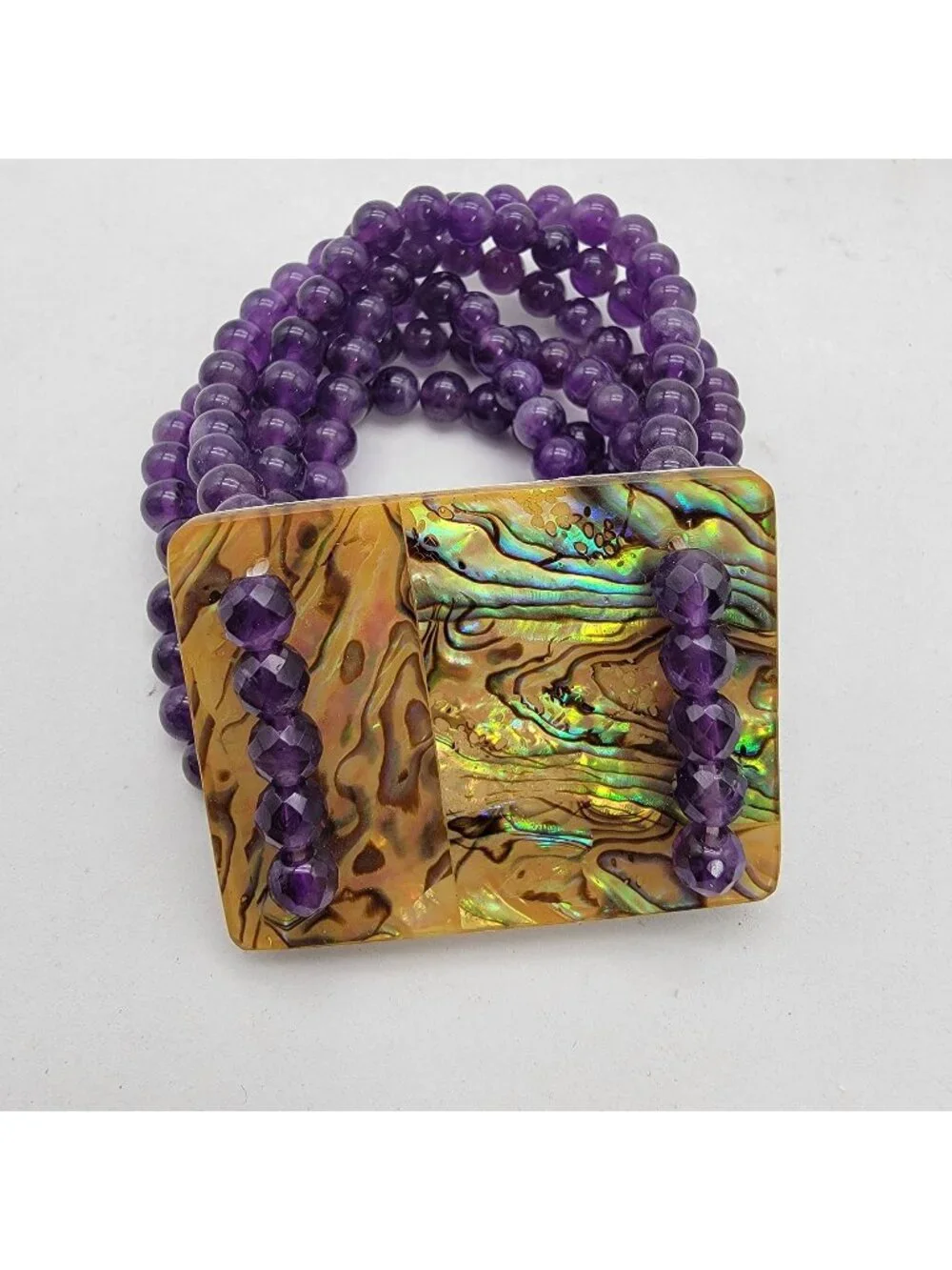 Multi-Strand Amethyst Gemstone Beaded Bracelet With Abalone Shell Panel - Picture 1 of 7